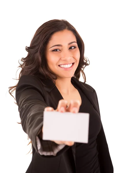 Friendly woman holding a business card and smiling — Stock Photo, Image