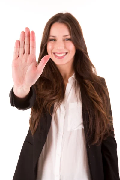 Mulher sorrindo fazendo sinal STOP — Fotografia de Stock