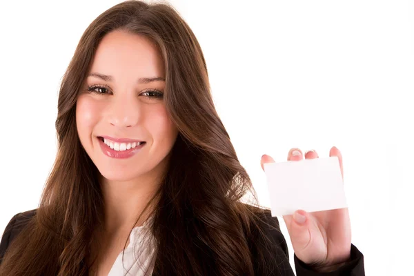 Mulher segurando cartão branco vazio, isolado sobre branco — Fotografia de Stock