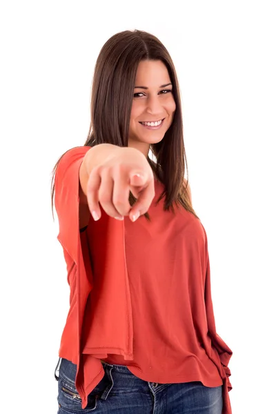 Beautiful woman pointing front — Stock Photo, Image