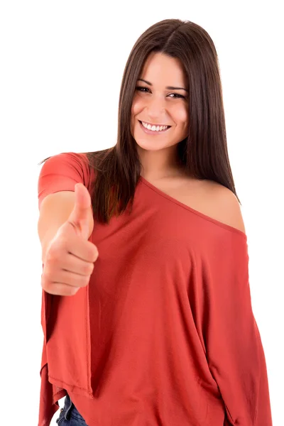 Mulher bonita sorrindo e mostrando polegares para cima — Fotografia de Stock