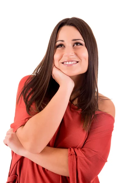 Beautiful thoughtful woman looking up — Stock Photo, Image