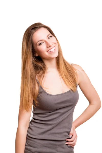 Atractiva mujer rubia posando y sonriendo — Foto de Stock