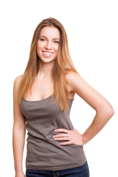 Mulher loira atraente posando e sorrindo — Fotografia de Stock