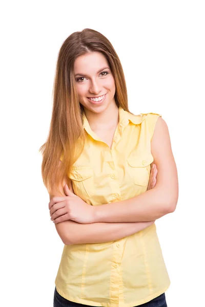 Atractiva mujer rubia posando y sonriendo — Foto de Stock