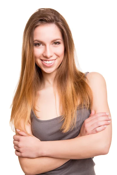 Mulher loira atraente posando e sorrindo — Fotografia de Stock