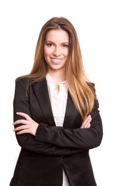 Başarılı bir iş kadını. Kendinden emin ve gülümsüyor.