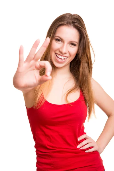 Mujer atractiva haciendo signo OK — Foto de Stock