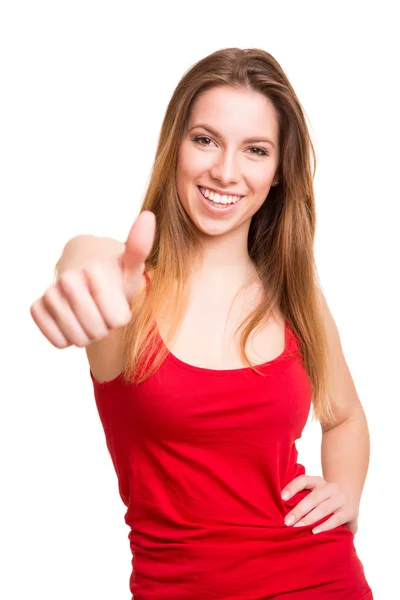 Attractive woman doing thumbs up sign — Stock Photo, Image