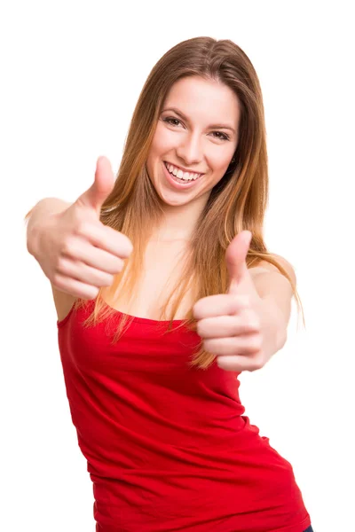 Atraktivní žena, která dělá palec nahoru znamení — Stock fotografie