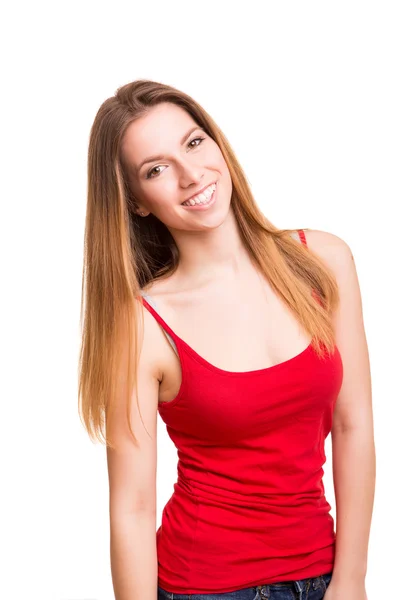 Atractiva mujer rubia posando y sonriendo —  Fotos de Stock