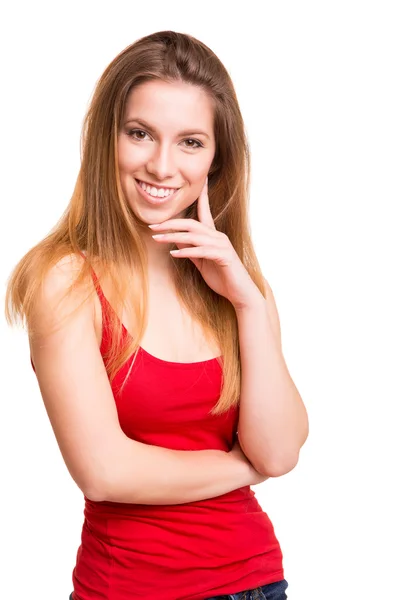 Atractiva mujer rubia posando y sonriendo —  Fotos de Stock