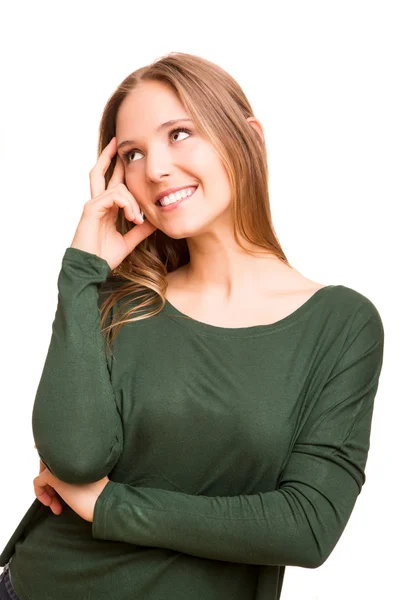 Beautiful blonde woman lost in her thoughts — Stock Photo, Image