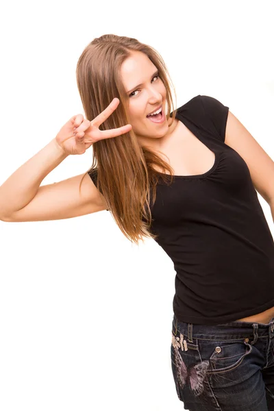 Beautiful woman showing peace or victory sign — Stock Photo, Image