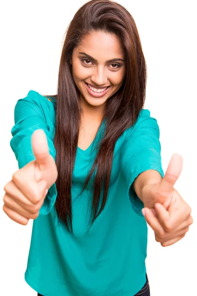 Beautiful mix race woman showing thumbs up — Stock Photo, Image