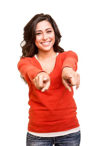 Young woman pointing to the front — Stock Photo, Image