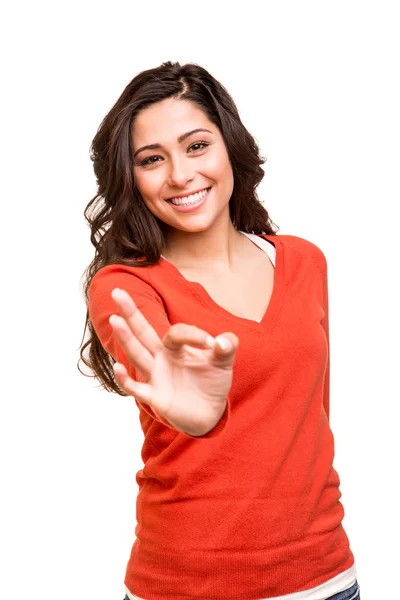 Mladá žena ukazuje ok znamení — Stock fotografie