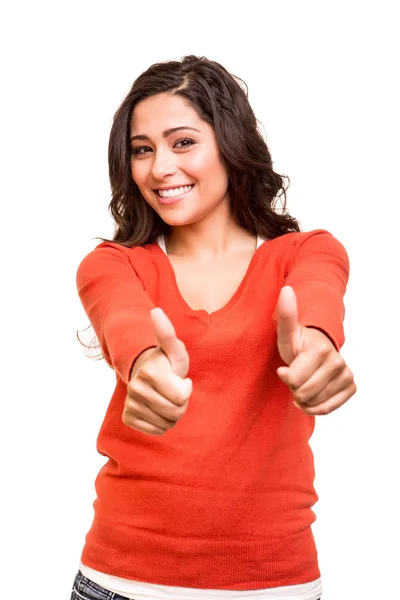 Mujer joven mostrando pulgares hacia arriba — Foto de Stock