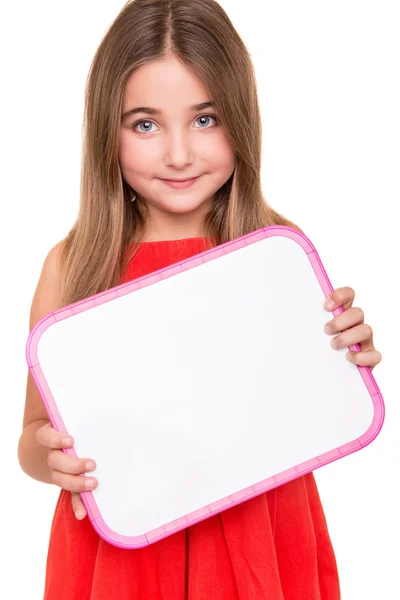 Menina segurando uma placa branca — Fotografia de Stock