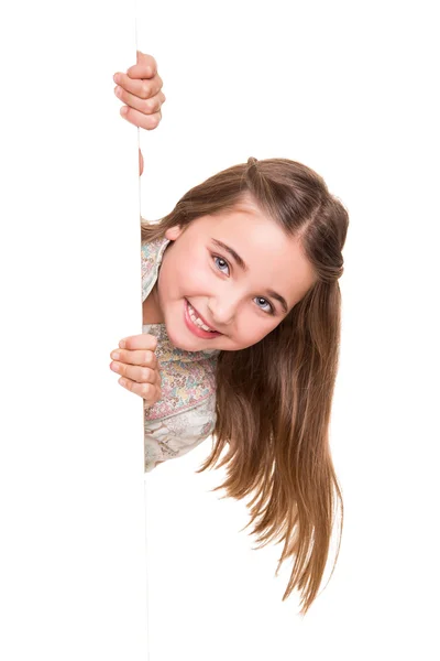 Girl behind a white board — Stock Photo, Image