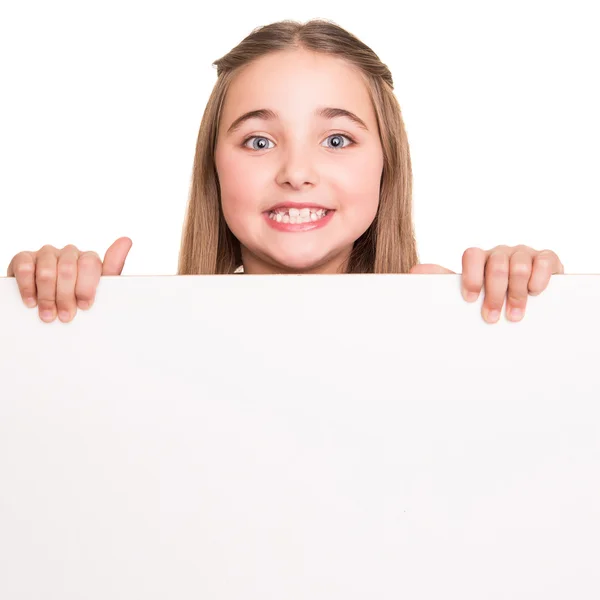 Mädchen hinter einem weißen Brett — Stockfoto