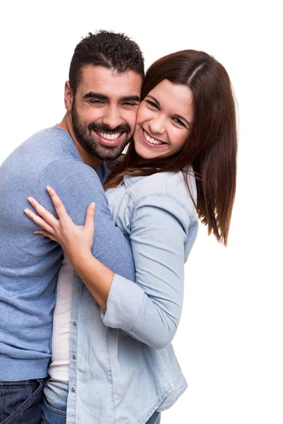 Casal posando sobre fundo branco — Fotografia de Stock