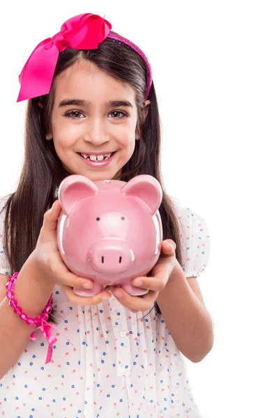 Dziewczyna gospodarstwa świnka bank — Zdjęcie stockowe