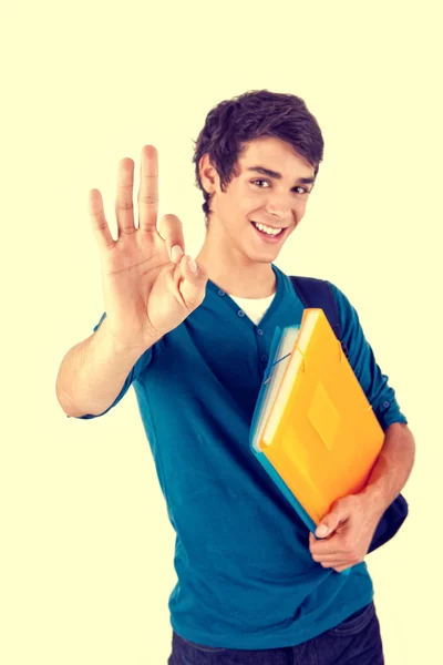 Ok işaret gösteren genç mutlu öğrenci — Stok fotoğraf