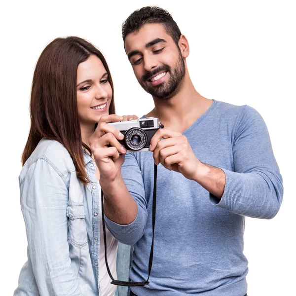 Couple taking retro camera photo — Stock Photo, Image