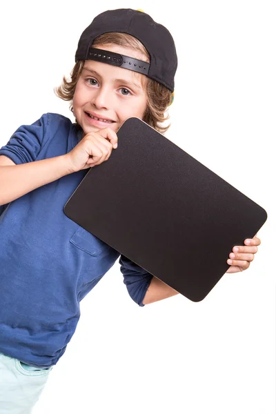 Kid holding a chalkboarb — Stock Photo, Image