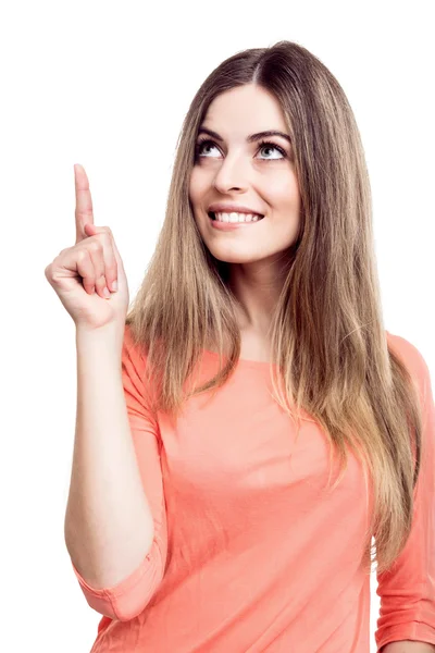 Frau zeigt nach oben — Stockfoto