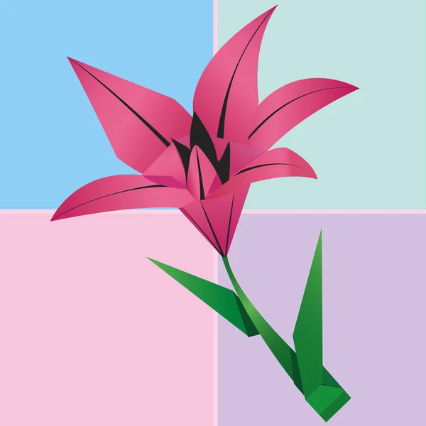 Origami lily virág-kártya, színes virágos háttér — Stock Vector
