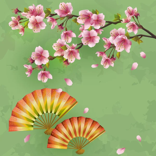 Vintage sfondo giapponese con sakura e fan — Vettoriale Stock