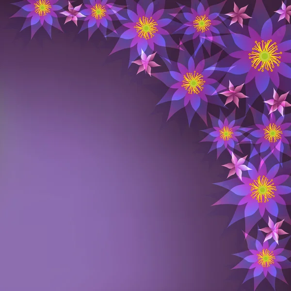 Fondo púrpura floral, tarjeta de felicitación con flores — Vector de stock