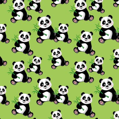 sevimli panda oturmuş, bambu ile seamless modeli