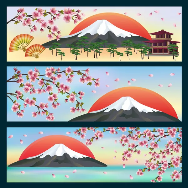 Conjunto de pancartas horizontales, estilo japonés — Vector de stock