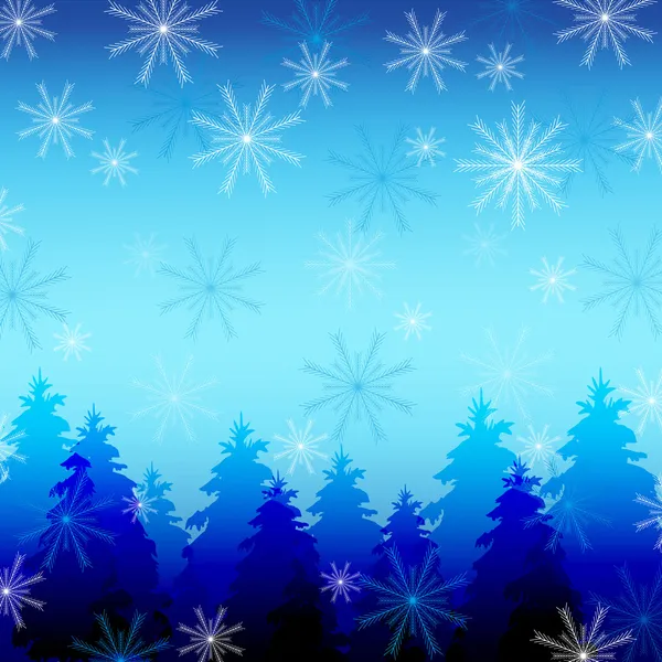 Schöner Winterhintergrund mit Schneeflocken und Tannenbäumen — Stockvektor