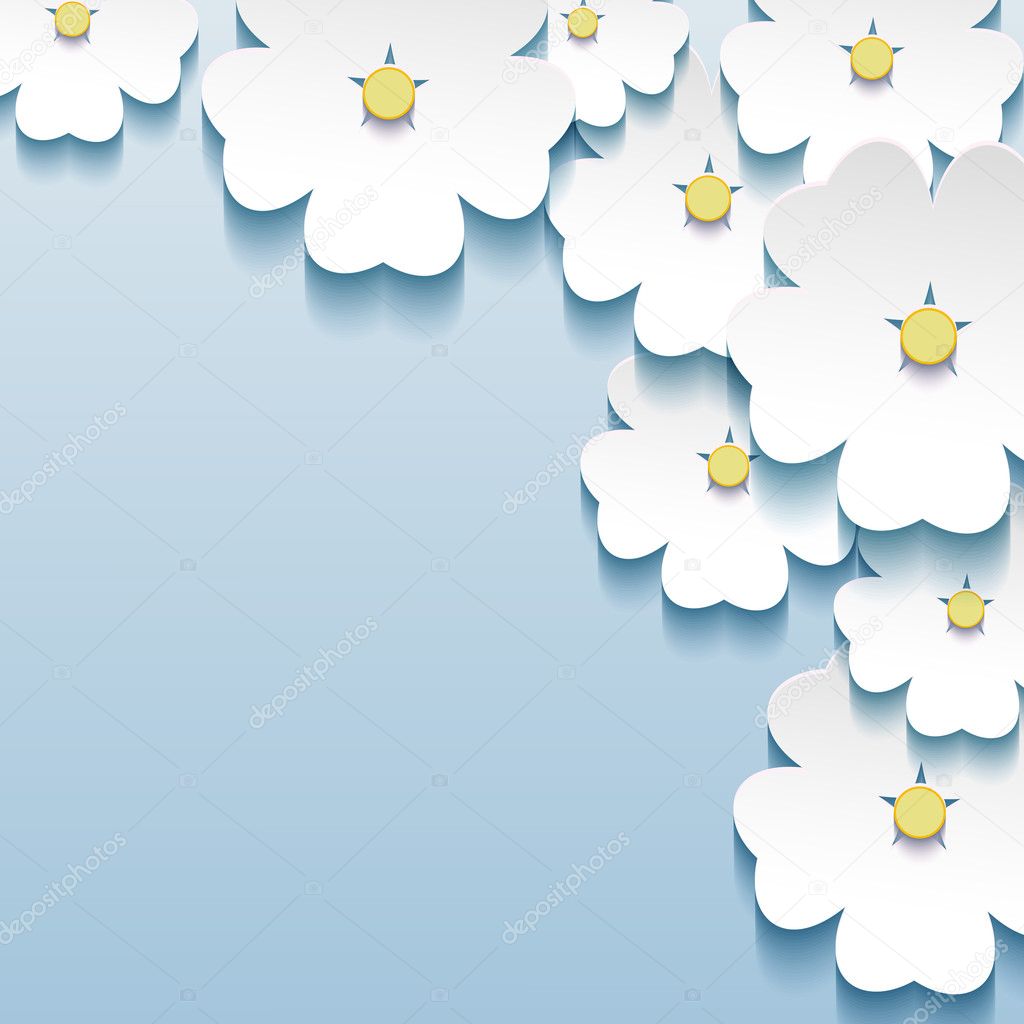 Blue - gray floral abstract background, 3d flowers sakura