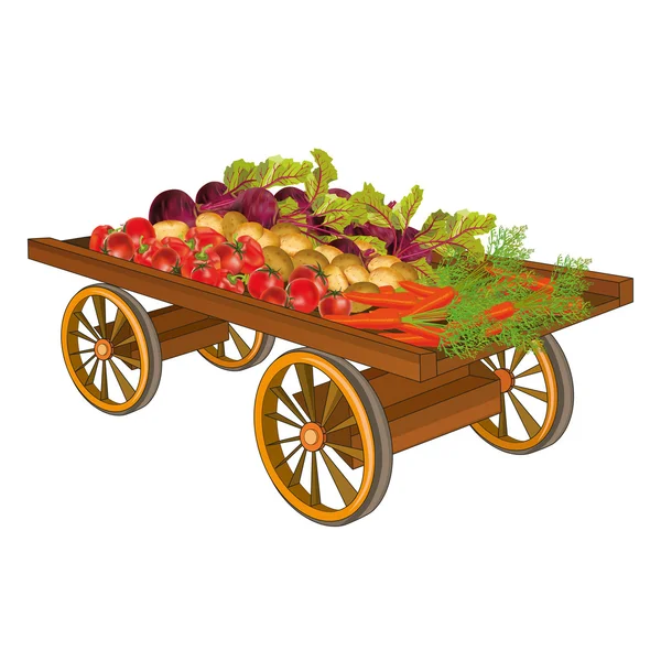 Carro de madera con cosecha de verduras — Vector de stock