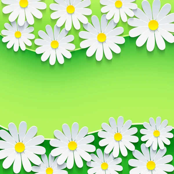 Fond vert floral, cadre avec fleur de camomille 3d — Image vectorielle