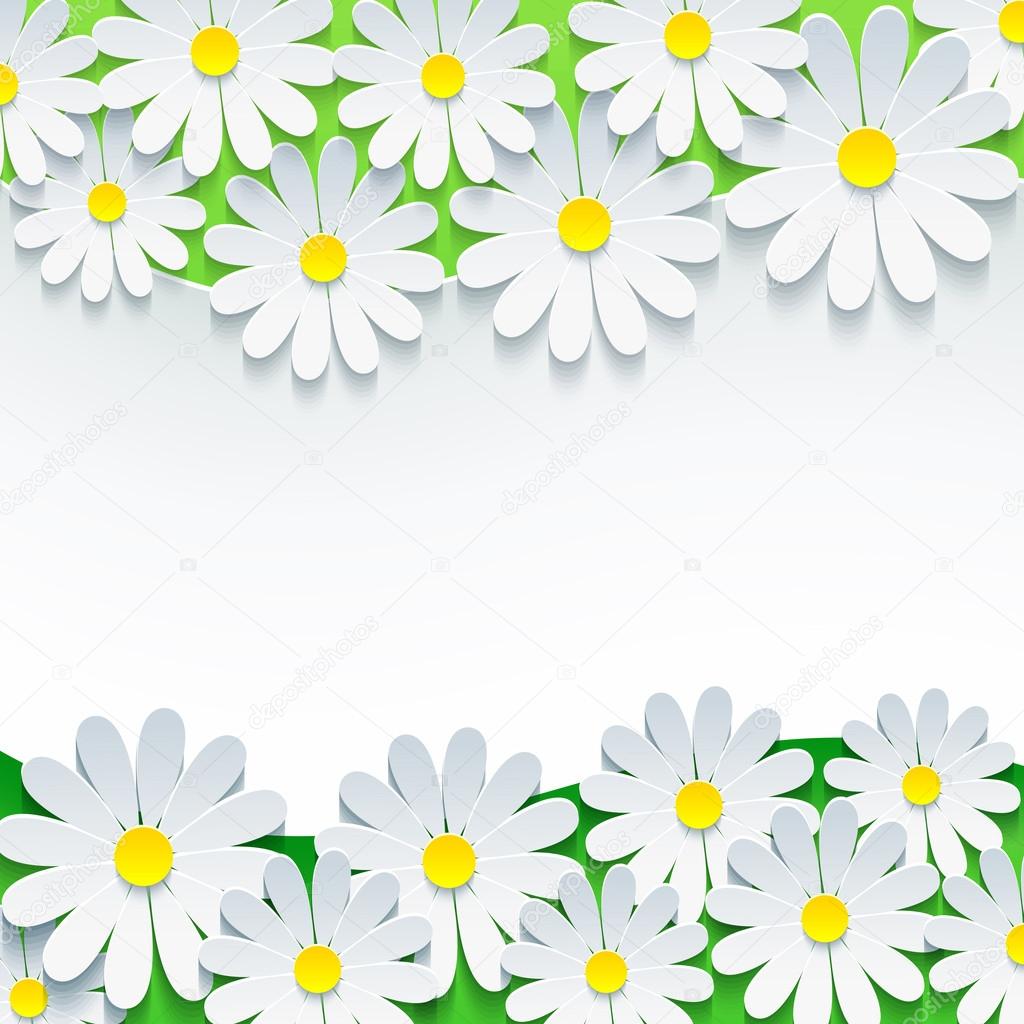 Floral background, frame with 3d flower chamomile