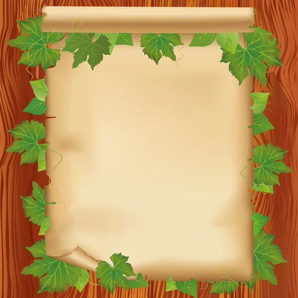 Φύλλο χαρτιού σε ξύλινη σανίδα με φύλλα — Διανυσματικό Αρχείο
