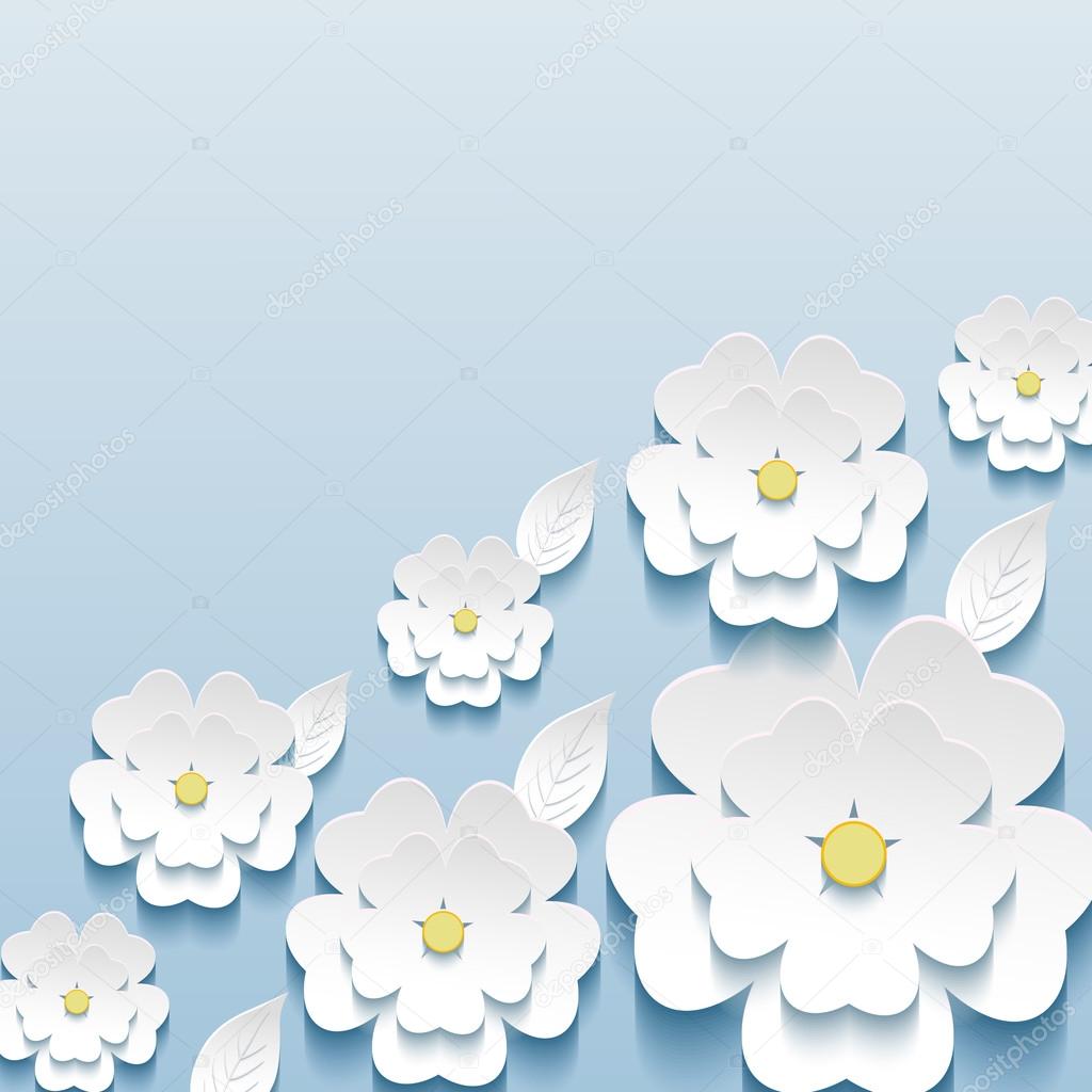 Beautiful trendy wallpaper with 3d flowers sakura and leaves