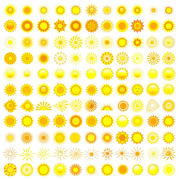 Grand ensemble de soleil différent sur blanc — Image vectorielle