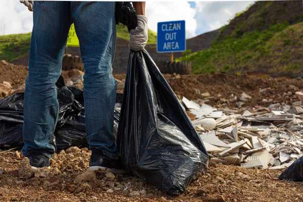 Construction Worker Landfill Sign Saying Clean Out Area Dispose Garbage Royalty Free Stock Images