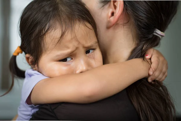 Sad Little Girl Hugging Her Parent Feel Safe Tearful Stock Photo