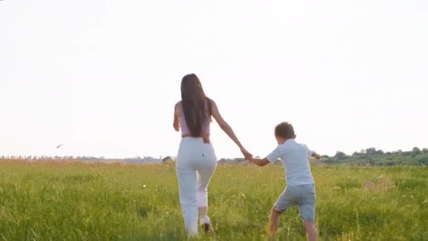 행복하고 흥분 한 숙녀가 어린 아기와 함께 풀밭을 뛰어다니다가 귀여운 작은 개 영국 산 코커 스패니얼을 만난다. ARRI 알렉사 미니 촬영. — 비디오