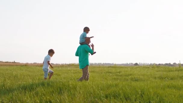 Молодий чоловік і його милі маленькі хлопчики йдуть через зелене поле на природі вони прискорюють час разом обговорюючи і дивлячись на пейзаж — стокове відео