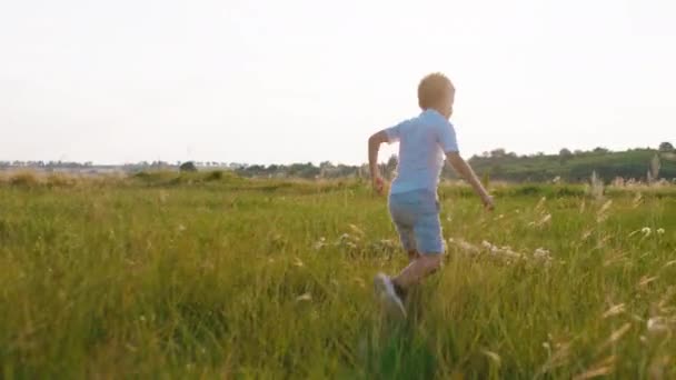 Running schattige kleine jongen op de natuur door het grote veld vol gras hij kijkt naar de camera recht tijdens het rennen — Stockvideo