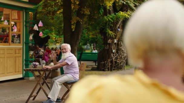 Nel bel mezzo del parco al caffè vecchio cercando uomo molto carismatico dire ciao a una bella donna anziana mentre si lavora sul suo computer portatile — Video Stock